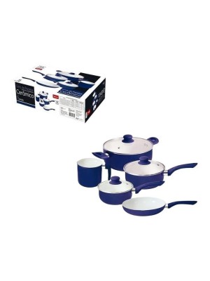 JOGO DE PANELAS 5 PEÇAS ALUMINIO REVESTIMENTO ANTIADERENTE CERAMICO AZUL