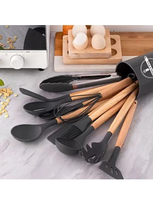 KIT UTENSILIOS PARA COZINHA SILICONE COM 12 PCS CABO MADEIRA - KITCHEN & DINING
